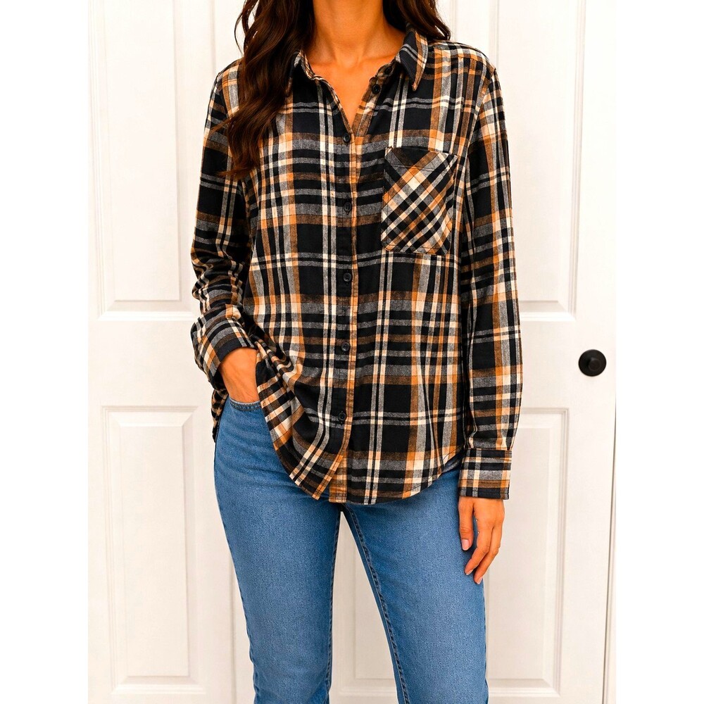 Time and Tru Women's Plaid Flannel Button-Down Long Sleeve Shirt Collared L